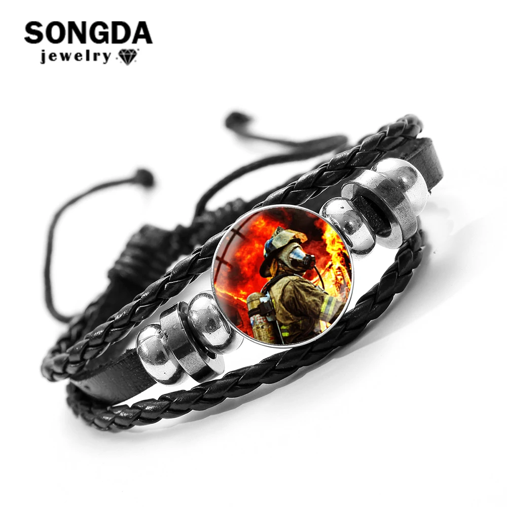 Firefighters Profession Firemen Bracelet Career Gifts Free Fire Dept Pattern Glass Dome Snap Button Adjustable Leather Bracelets