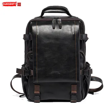 

Genuine Leather Men's Backpack Leather Men Travel Backpacks Male 15.6 Inch Laptop Bag Schoolbag Shoulder Bags Vintage Black Soft