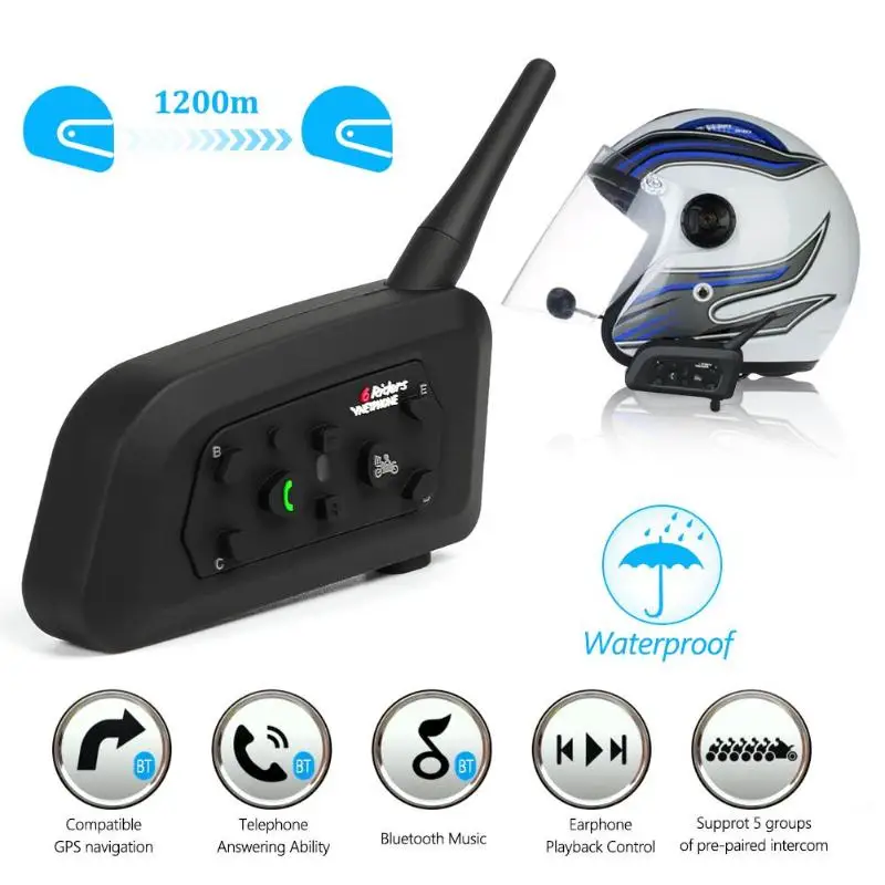 

VNETPHONE V6 Intercom Helmet Bluetooth Headset 1200M Professional Waterproof MP3 GPS Intercoms Headphone Wireless Interphone