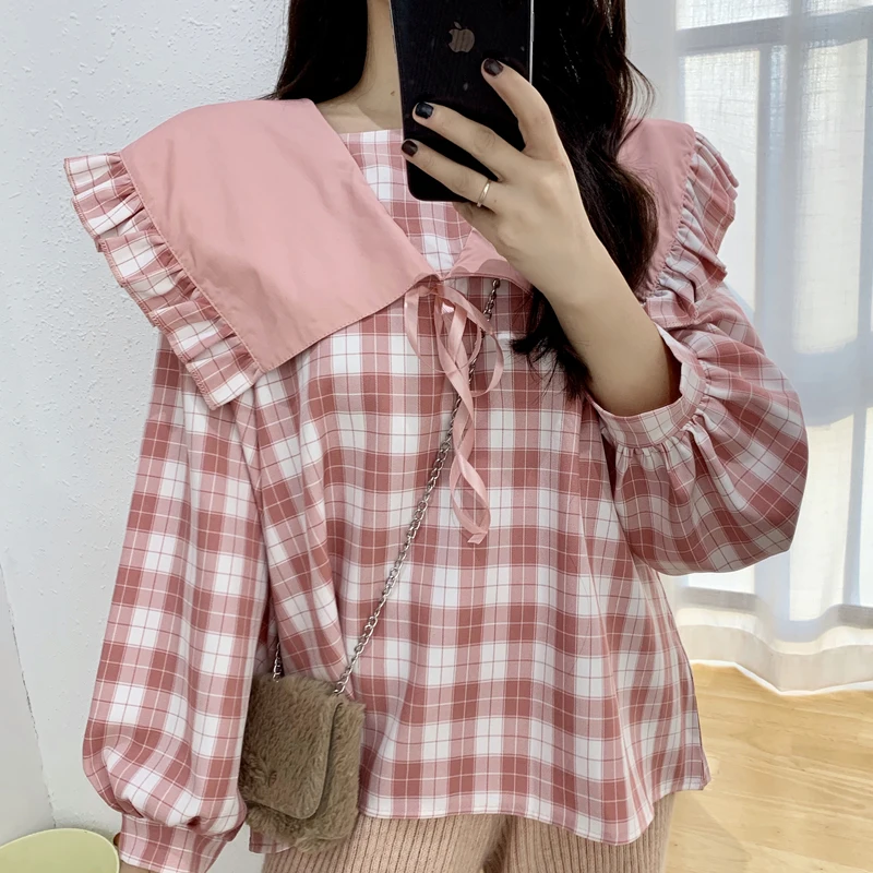 Camisa feminina, женские японские клетчатые блузки INS с оборками, топы с длинными рукавами, воротник Питер Пэн, весна-осень, рубашки, модные женские блузы