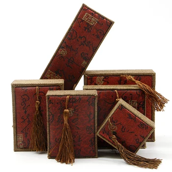 

2 Pcs 2 Sizes Chinese Style Jewelry Gift Box Case Burlap Jewelry Bearer Box Holder with Tassel for Ring Long Chain