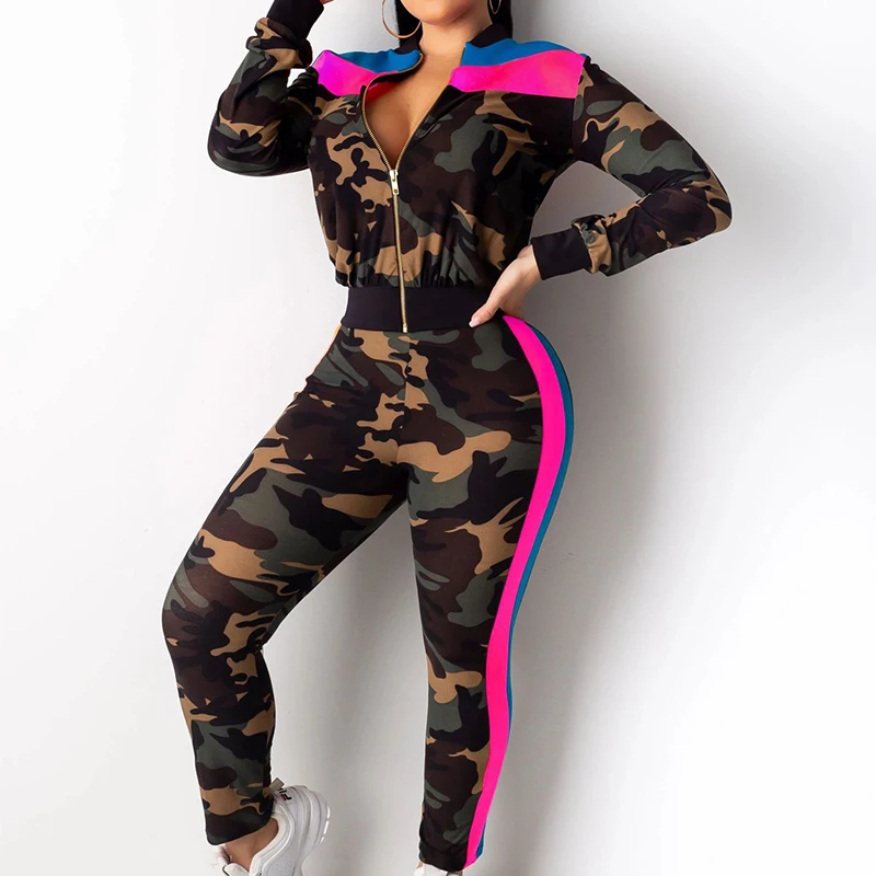 

Autumn Camouflage Print Two Piece Outfits Patchwork Zipper Full Sleeve Top With Pants Streetwear Plus Size Casual Tracksuits