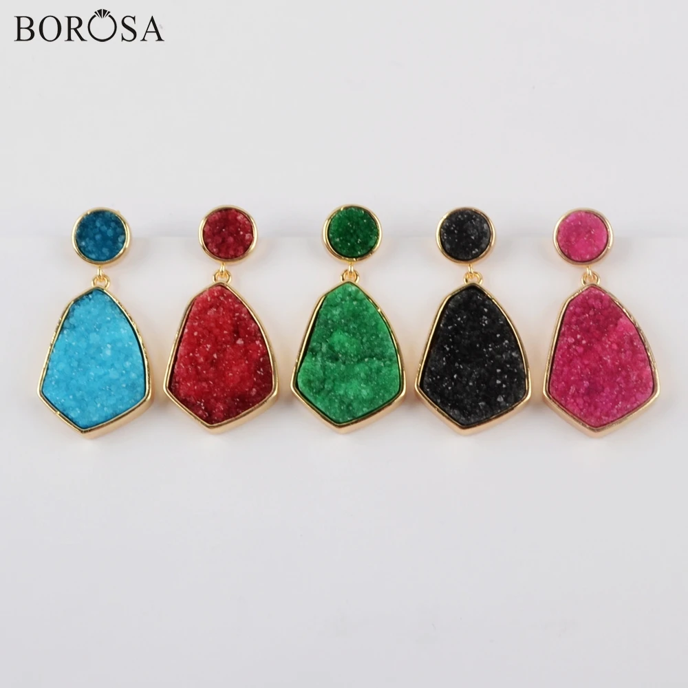 

BOROSA 5Pairs Irregular Gold Bezel Natural Druzy Stones Geode Trendy Wine Red Drop Earrings Earrings Jewelry for Party WX1281
