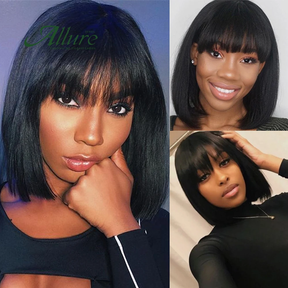 

Straight Hair Short Black Human Hair Bob Wig With Bangs For Black Women Natural Remy Malaysia Human Hair Free Shipping Allure
