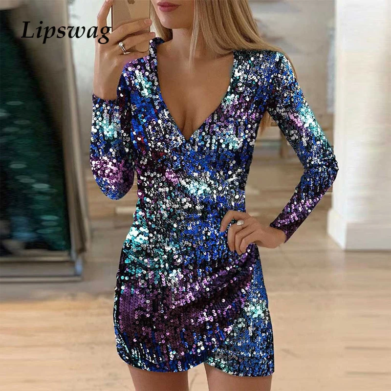 

Lipswag Autumn Sexy V-neck Shiny Party Dress Women Glitter Sequined Bodycon Dress Female Elegant Long Sleeve Mini Dress Vestidos