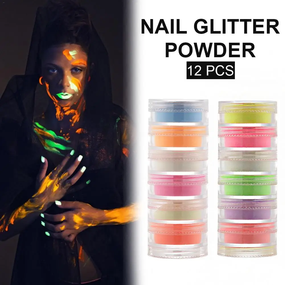 12 Box Ultrafine Fluorescent Nail Glitter Powder Neon Phosphor Colorful Glow Powder DIY Luminous Nail Glitter decorations Set