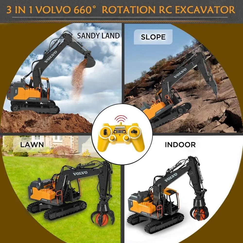 RC Excavator 3 in 1 Construction Metal Remote Control Excavator Shovel Drill 17 Channel 1/16 Full Functional Electric 4