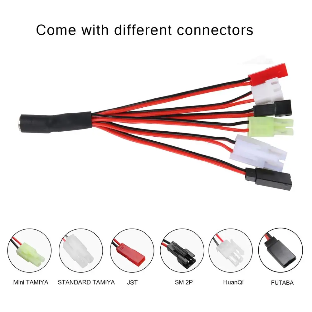 Chargeur de batterie NiMH NiCd 12V 500-800mA pour voiture RC, connecteurs multiples pour différents types de batteries.