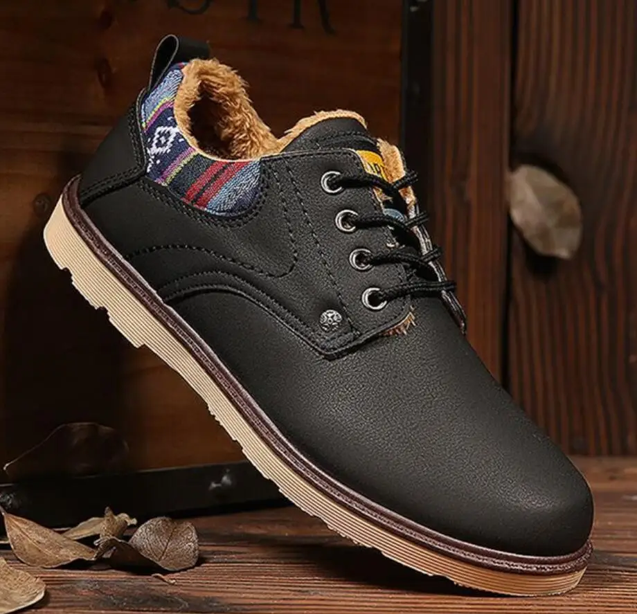 Chelsea Boots Men Winter Shoes Black pu Leather Boots Mens Footwear Warm Plush Fur Snow Boots For Men bota de neve stivali uomo