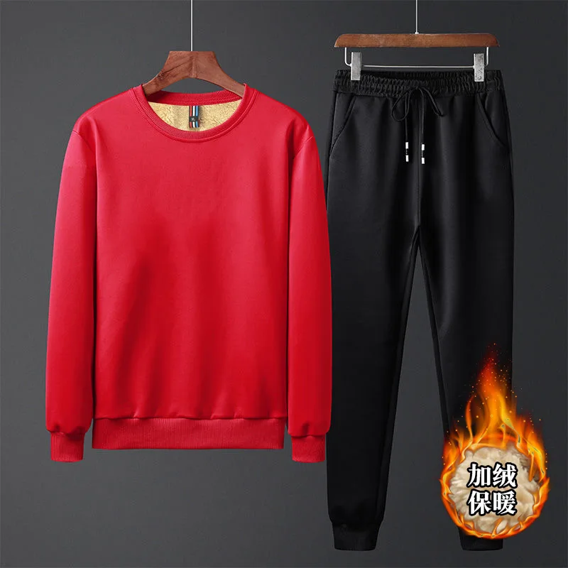 

Men Leisure Sports Suit Men's Autumn & Winter Thick plus Velvet Two-Piece Set Large Size Pullover Hoody Crew Neck Sports Clothin