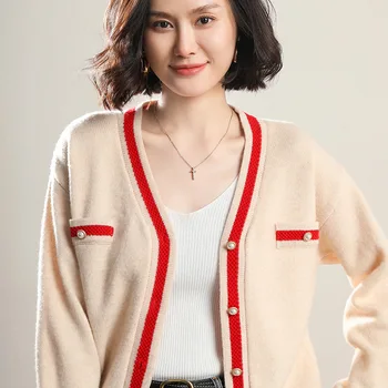 

Spring and autumn ladies stitching long-sleeved jacket long-sleeved knitted cardigan