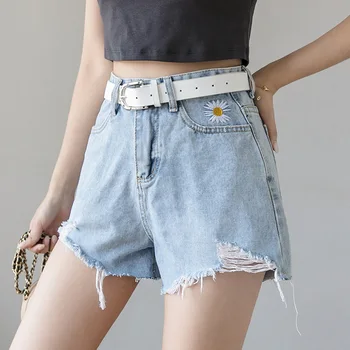 

CYNTHIA Summer Women Denim Shorts Female Chic Daisy Embroidery Hole Solid High-waist Jean Short Pants
