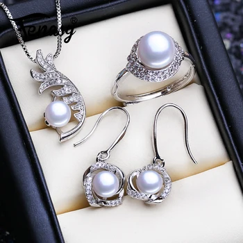 

FENASY 925 Sterling Silver Jewelry Sets Natural Pearl Necklaces For Women Classic Stud Earrings Fashion Wedding Pendant Rings