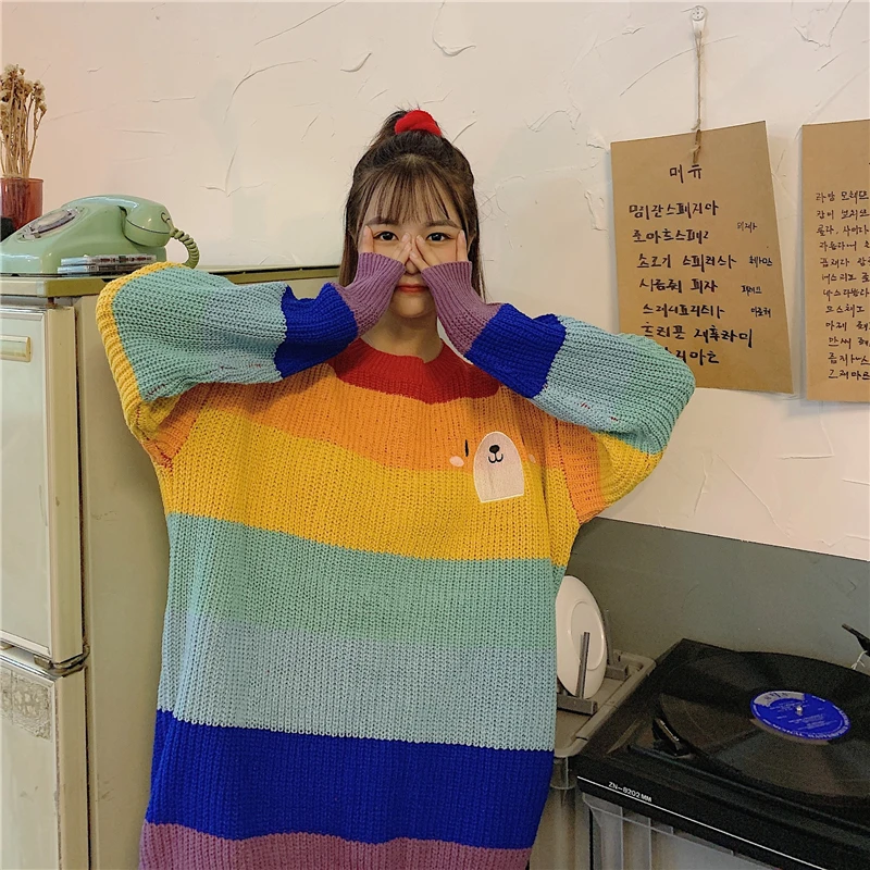 Korobov Harajuku, круглый вырез, длинный рукав, женские свитера, корейский стиль, радужная полоска, пэчворк, Sueter Mujer, шикарный Повседневный джемпер, Femme 79209
