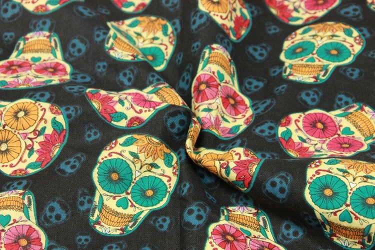 140 см ширина череп печать черный хлопок ткань для девочек одежда домашний текстиль Чехлы для подушек сумки шторы постельные принадлежности DIY-BK805