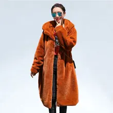 Зимнее пальто для женщин, толстое теплое пальто с капюшоном, Длинная женская куртка из искусственного меха высокого качества, пушистое пальто из кроличьего меха размера плюс, свободные парки