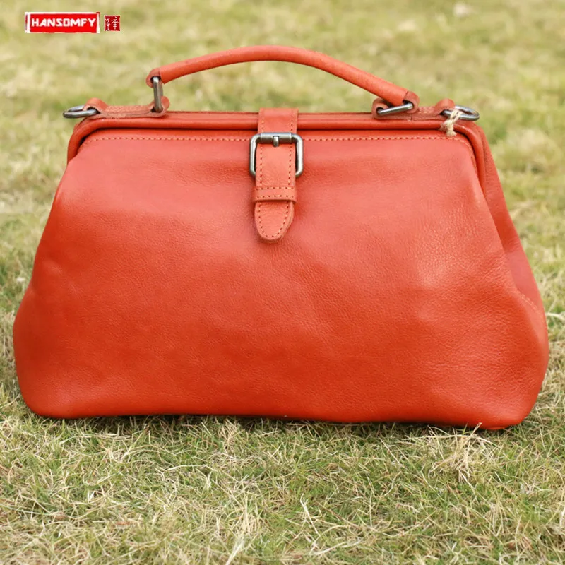 

New Top Layer Cowhide Women Handbag Vegetable Tanned Leather Female Small Shoulder Messenger Bag Casual Retro Ladies Doctor Bags