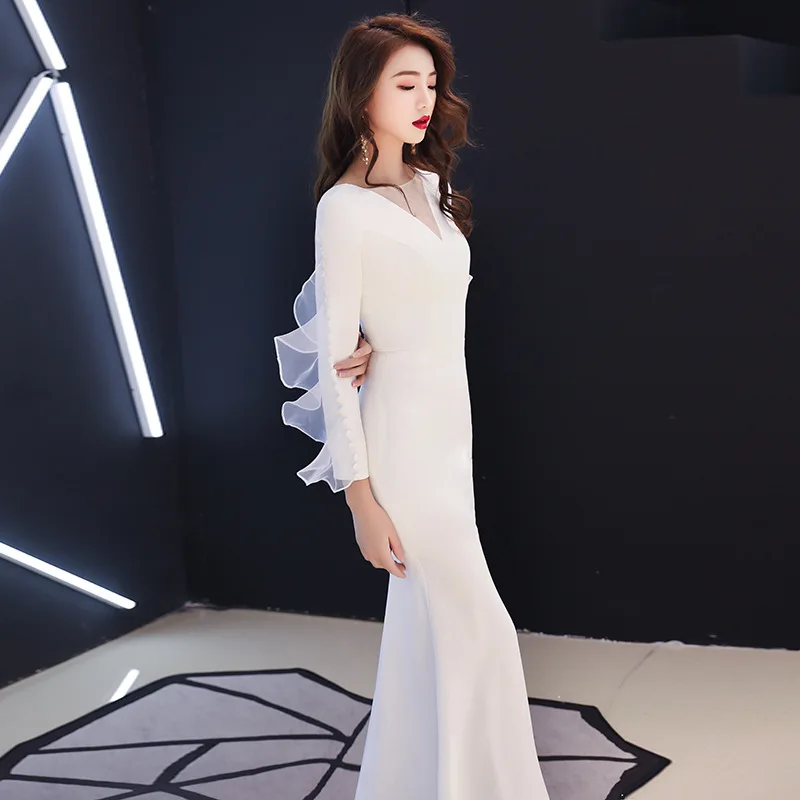 Белое Женское длинное узкое платье русалка вечерние платья Cheongsam с круглым