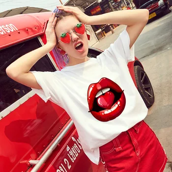 

Ladies summer casual short sleeves Women Sexy lips printed Tshirt Harajuku Thin Section White Tops Female