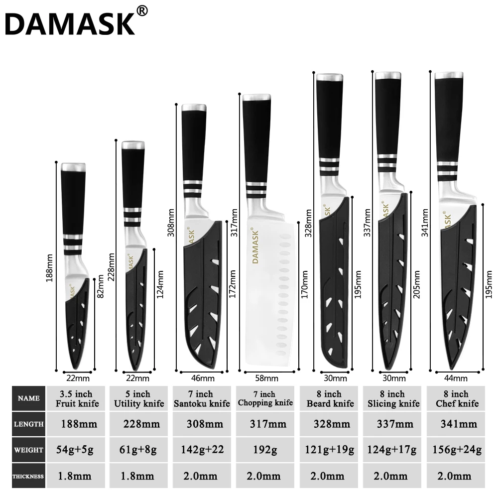 Damask 3Cr14 набор кухонных ножей из нержавеющей стали, Горячая, хорошее качество, 430 ручки, кухонные ножи с бесплатными сувенирные ножи, чехлы