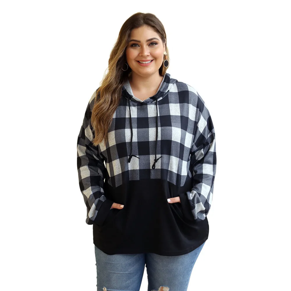 Hoodie Women's New Style Autumn And Winter Hooded Pullover Europe And America Plaid Contrast Color Joint Loose-Fit Plus-sized To