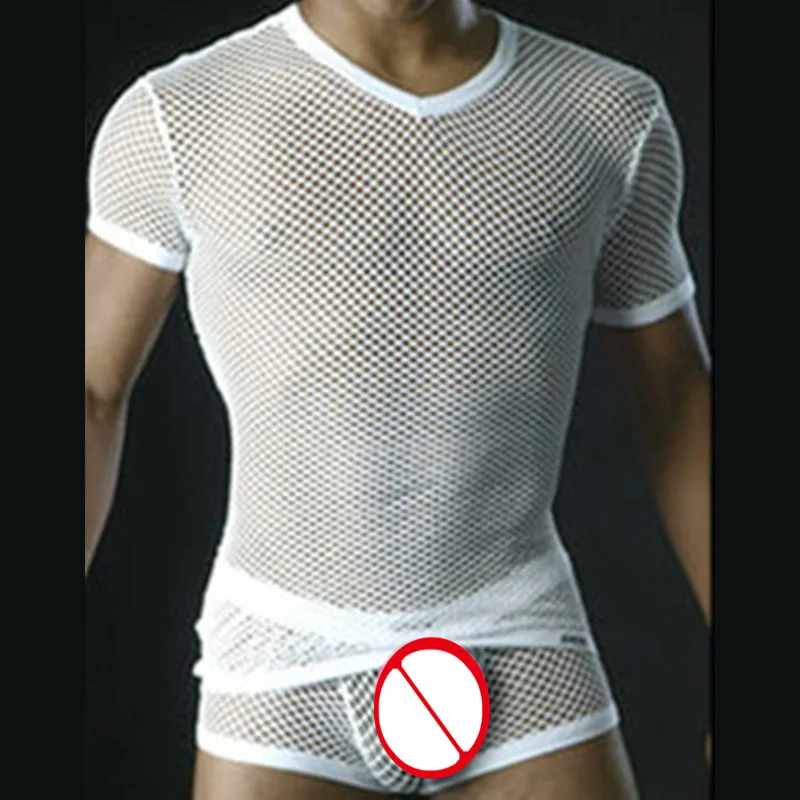 Мужской полый сетчатый плотный облегающий Топ Прозрачные майки с v-образным вырезом Клубные футболки