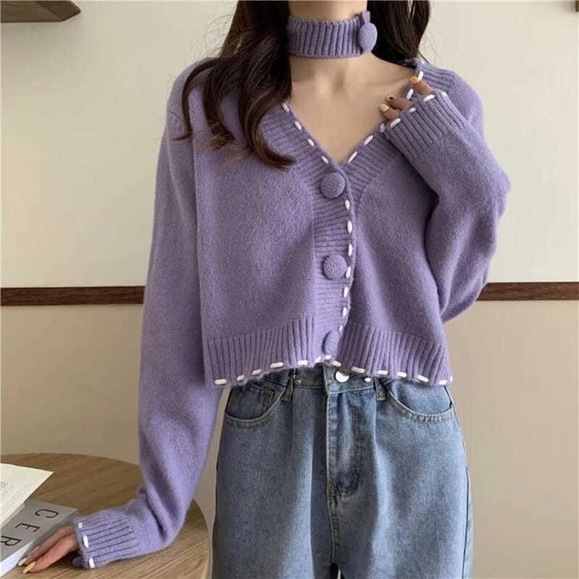 Vintage Knitted Cardigan Sweater Women Patchwork Denim Coat V Neck Long  Sleeve Knitwear Casual Loose Outwear Female Tops - AliExpress