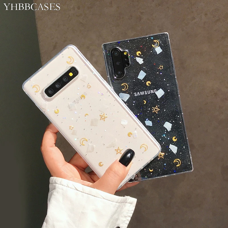 YHBBCASES для samsung Galaxy S8 S9 S10 Plus блестящие золотые звезды луна прозрачные мягкие чехлы для samsung Note 10 8 9 сухие блестки крышка