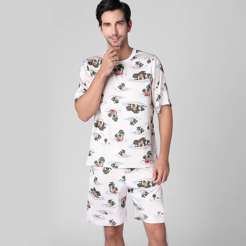 

Men Summer Pajamas Sets Spring Sleepwear Top +Pant Leisure One Neck Silk Men's Thin Loose Plus-sized Homewear Sets