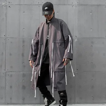 

Male Cardigan Trench Coat Outerwear Overcoat Men Streetwear Hip Hop Drawstring Design Oversize Loose Long Windbreaker Jacket