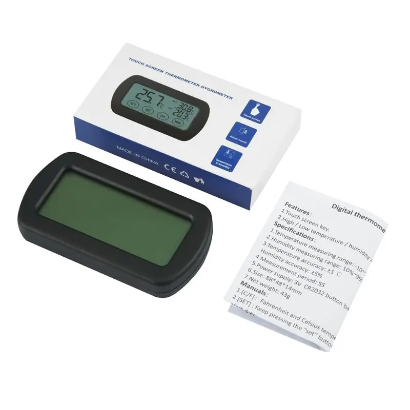 

Indoor Touch Screen Thermometer Hygrometer C/F High/Low Max/Min Alarm Monitor