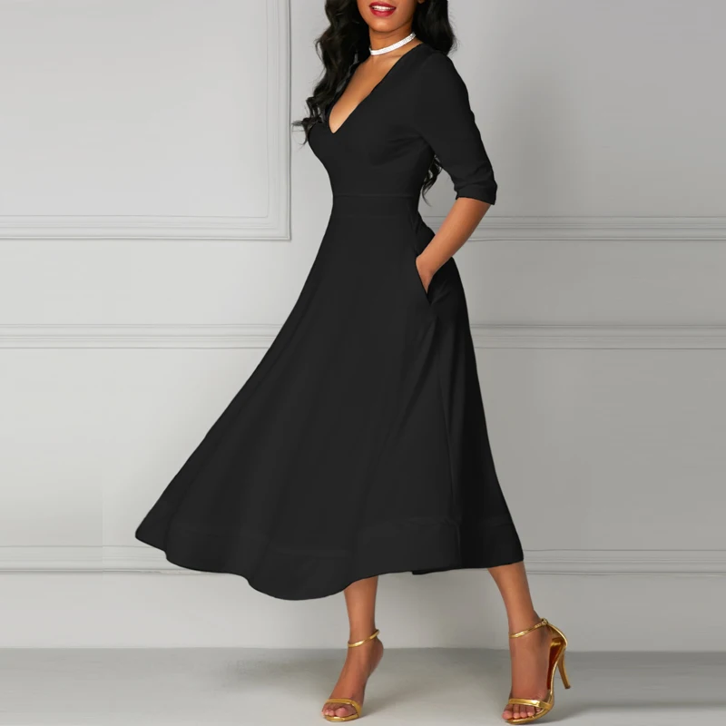 

Fall Plus Size White Maxi Dress Female Long V Neck Office Work Dress Half Sleeves Pockets Casual Simple Winter Dress Women 2019