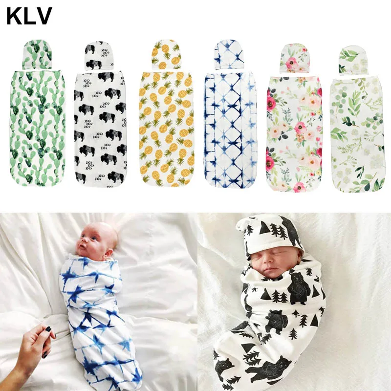 Nouveau-né bébé sac de couchage mignon Animal imprimé Swaddle couverture de couchage Swaddle enveloppe en mousseline + chapeau 2 pièces nouveau-né ensemble (lot de 2)