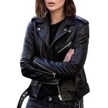 Women's Autumn And Winter Plus Size Jacket Faux Leather Long-Sleeved Short Punk Style Zipper Lapel Solid Color Motorcycle Jacket