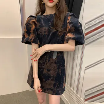

spring 2020 female dress Casual women short sleeve pullover hit color dresses with belt retro puff sleeve vestidos