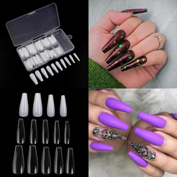 

100pcs/Box Professional Fake Nails Long Ballerina French Acrylic Full Cover Nail Art Tips Coffin False Nails Manicure Natural