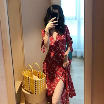 

Casual Slim V-neck High Waist Basic Flower Printing Female Women Street 2020 Summer New Arrival Half Sleeve Chiffon Dresses