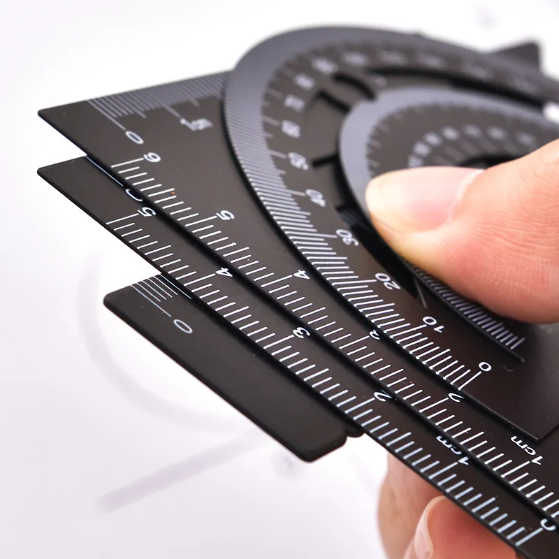 DELI Metal Ruler 20cm Set Stationery for Students Straightedge Triangle Ruler with Wave Line Protractor Compass Triangle Plate