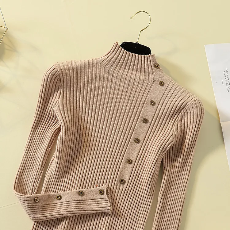 Fashion Turtleneck Sweater Women Long Sleeve Button Decoration Slim Women Pullover Sweater 2019 Autumn Winter Female Jumpers (40)