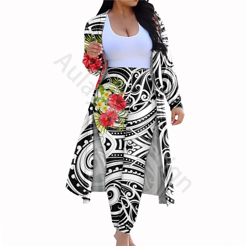 

Samoan Tribal Hibiscuses Pattern Club Outfits For Women Sexy Long Cardigan Top Elastic Slim Pants Set Spring Autumn Clothing