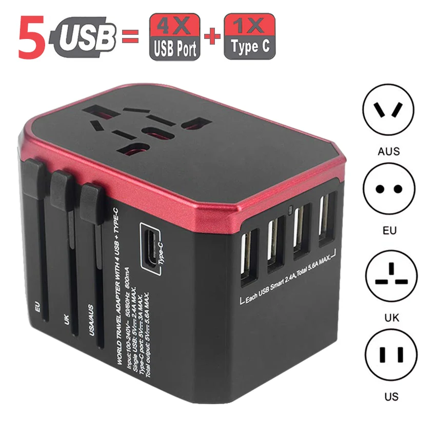 Rdxone дорожный адаптер Международный универсальный адаптер питания все-в-одном с 5 USB по всему миру настенное зарядное устройство для Великобритании/ЕС/США/Азии - Цвет: 4 USB 1 type c red