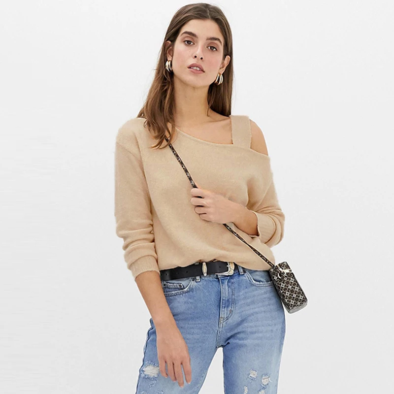 

Light khaki Top New Fashion Solid Color Strapless Conventional Pullover Autumn Winter Casual Knit Sweater Female Office Lady