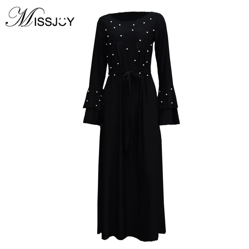 

New DUbai Abaya Pearl Islam Dresses Flare sleeve kaftan Jupe Musulmane Longue Casual Wear Muslim Pryrr Beads Turkish