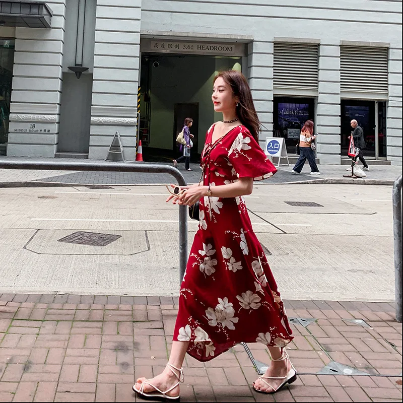 

Chiffon Dress 2020 New Style Summer Slim Fit Explicit Thin Long Floral Skirt Women's fu gu qun High-waisted Immortal Sweet