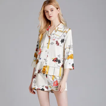 

2020 New Pajamas Ms. Summer Faxu Silk Thin Sleeve Shorts Clothing May Be Outer Wear Women's Pajamas Pyjamas Women Sleepwear