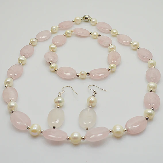 

Perfect real pearl jewelry set white color freshwater pearl necklace bracelet earrings silver beads rose quartz magnet clasp