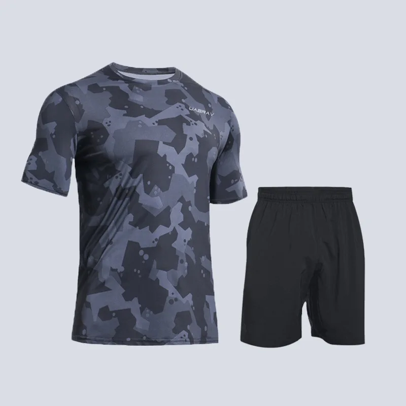 Black camouflage Летний спортивный костюм для мужчин Быстросохнущий Спортивный костюм одежда для занятий спортом для спортивного зала одежда для фитнеса беговые шорты с молнией одежда из джерси с карманом спортивные костюмы - Цвет: Black camouflage