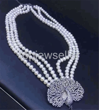 

3 rows cultured freshwater pearl 8-9mm white pendant necklace 18-20 inch