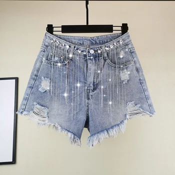 

Spodenki Damskie Summer New Womens Hot Pants Loose Wide Leg Pants Heavy Rhinestone Tassel High Waist Ripped Denim Shorts Femme