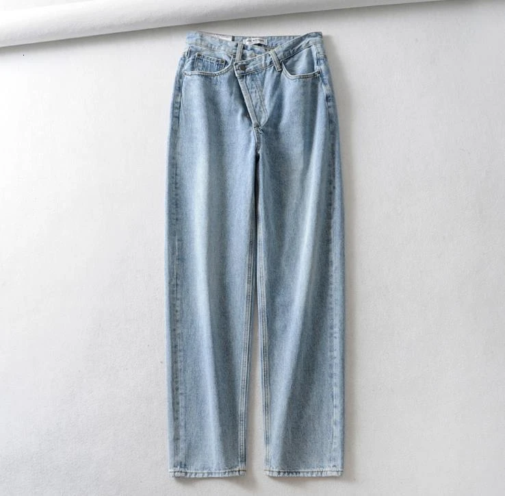 Винтажные Свободные женские джинсы 90 s, асимметричные Прямые повседневные женские джинсовые штаны с высокой талией, модные брюки